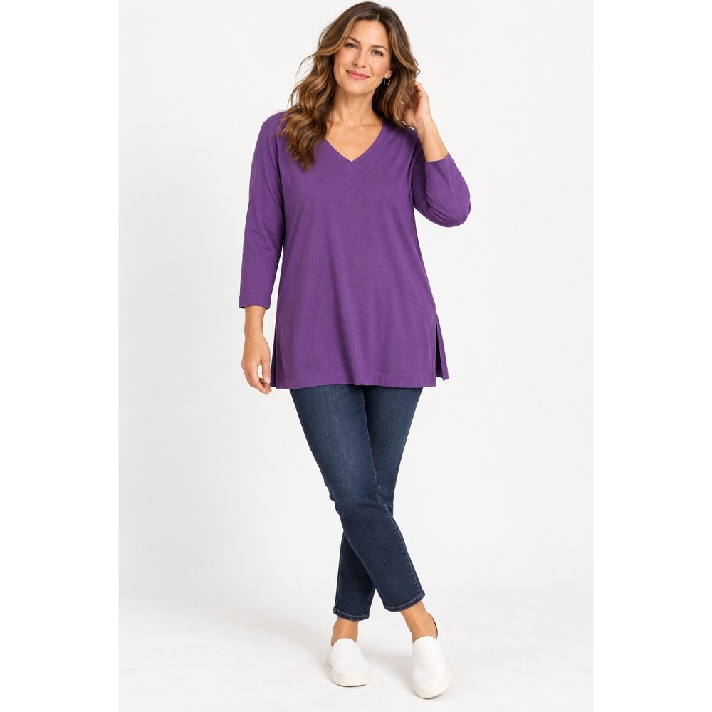 J Jill Womens Simply Supima Side-Slit Tunic XL Petite Purple V-Neck Long Sleeve